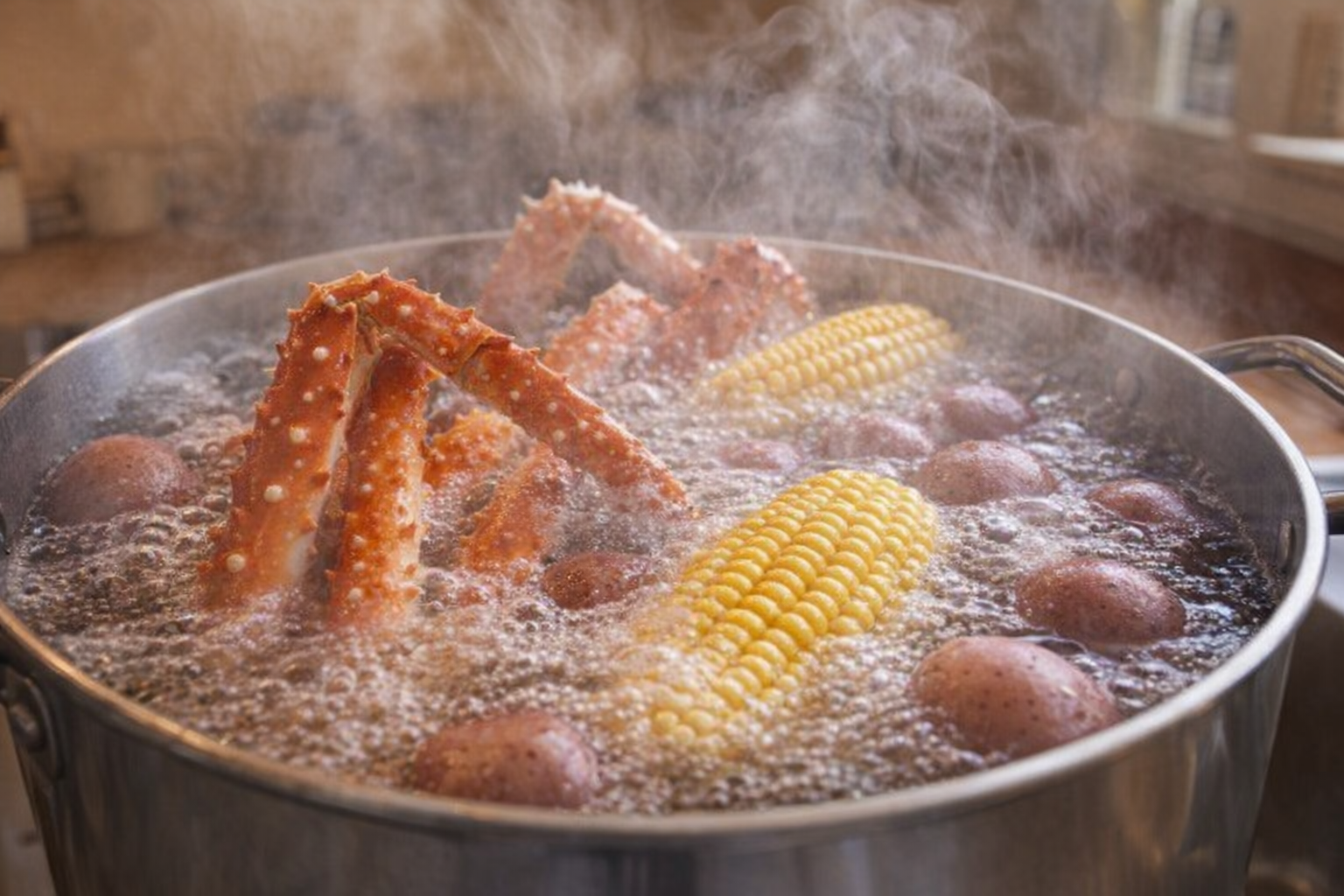 An eye-level shot of crab legs, corn, and potatoes boiling vigorously in a large stockpot, steam rising, warm kitchen lighting